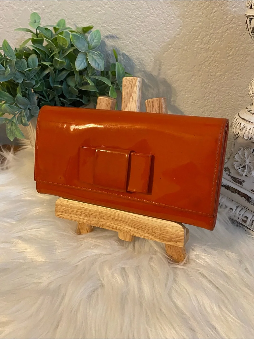 Miu Miu Patent Leather Bow Accent Long Wallet — Orange